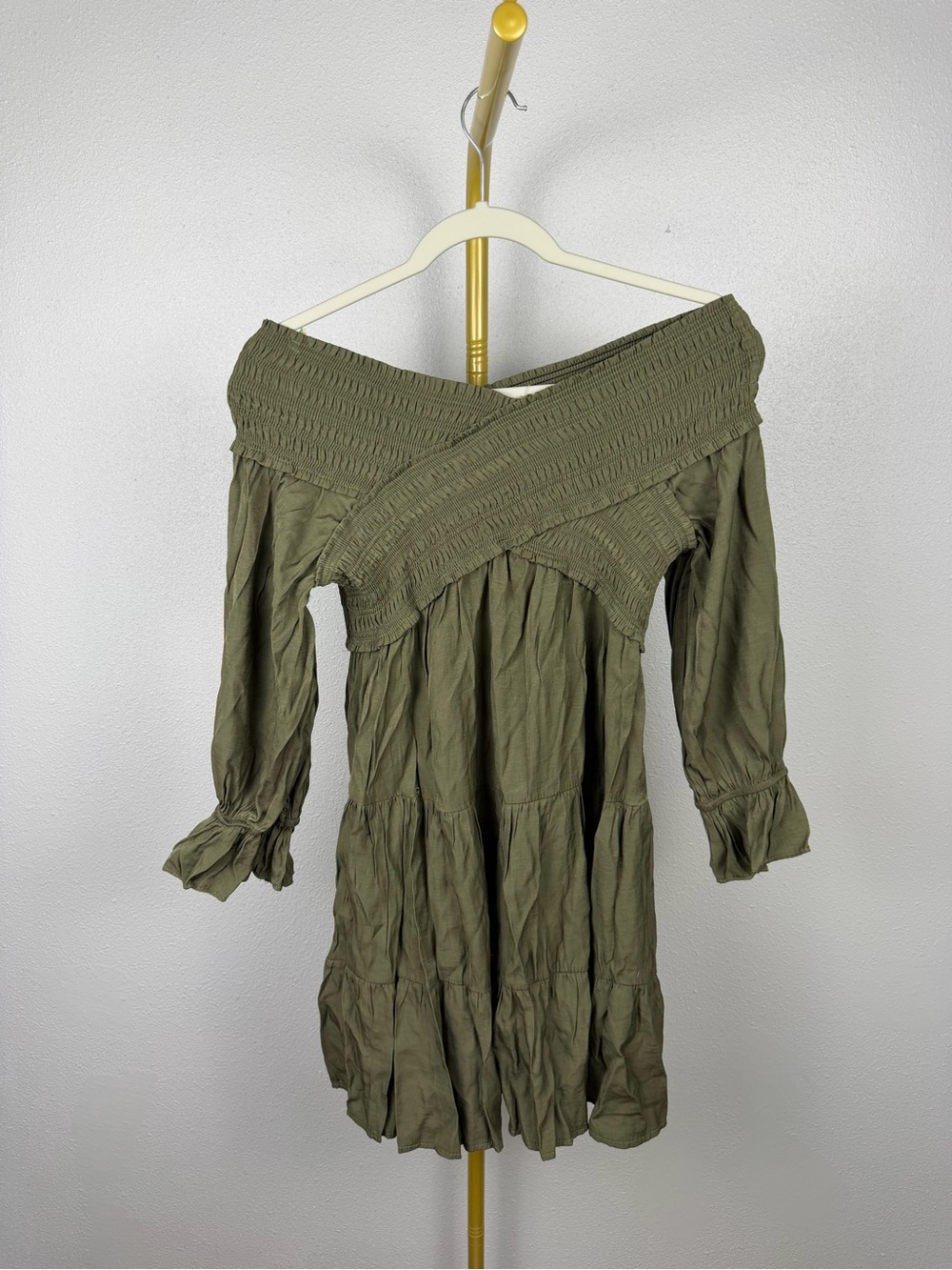 Mustard Seed Olive Green Smocked Off Shoulder Tiered Mini Dress S